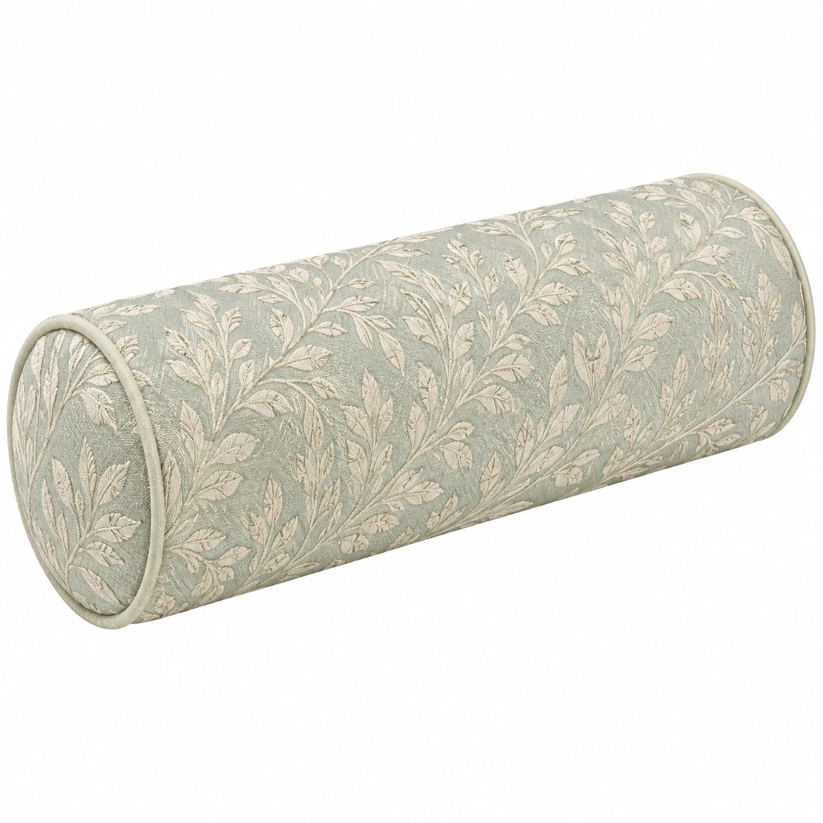 Cuscino cilindrico 15 x 45 cm in tessuto verde salvia con motivo botanico per divano stile classico