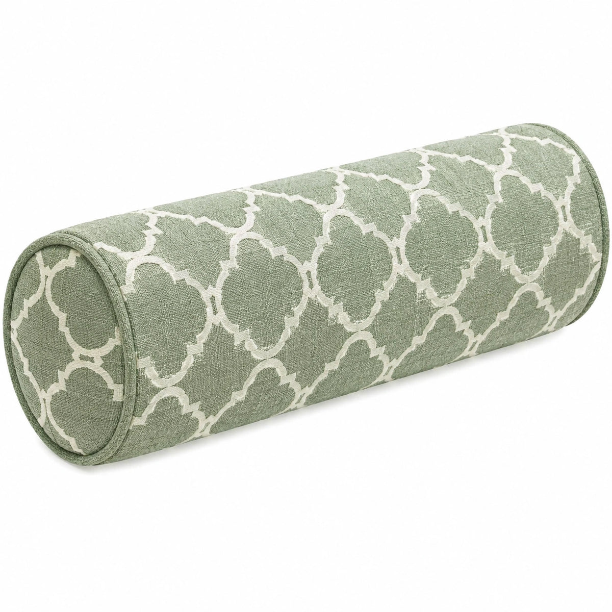 Cuscino cilindrico 15 x 50 cm in tessuto verde salvia con motivo geometrico decorativo