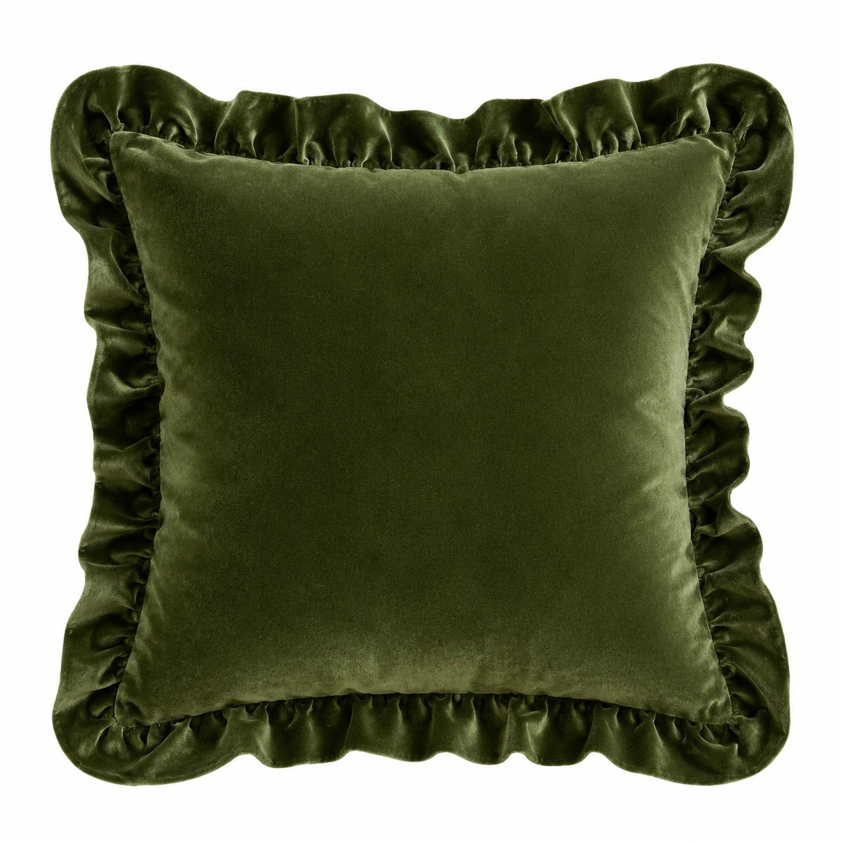 Cuscino decorativo quadrato 45 cm in velluto verde oliva con volant stile romantico