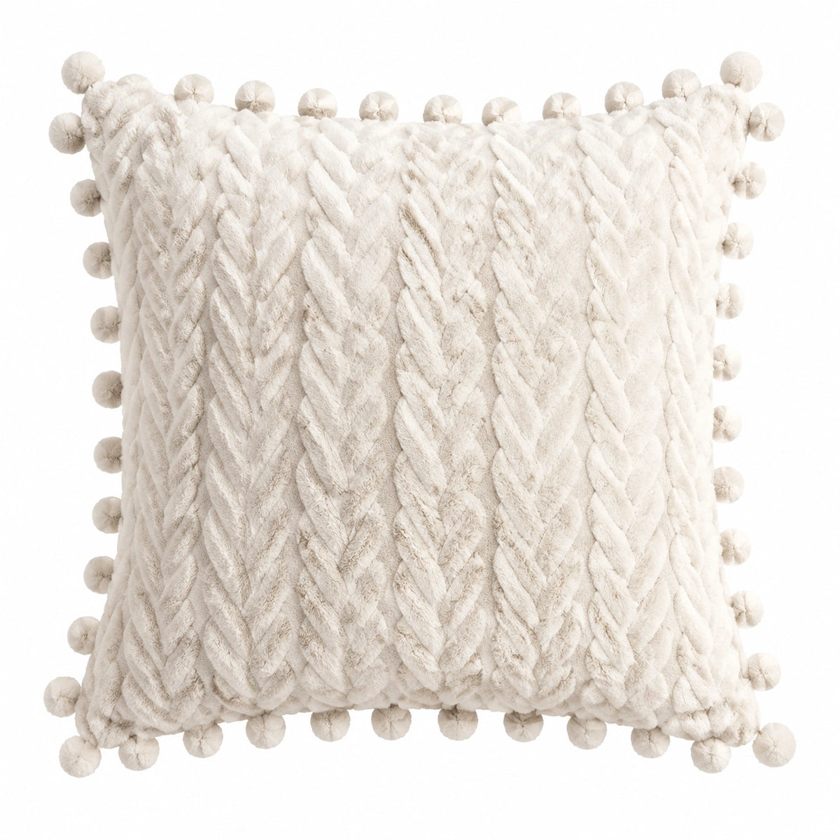 Cuscino decorativo 45 x 45 cm in tessuto sintetico avorio con trecce e pompon