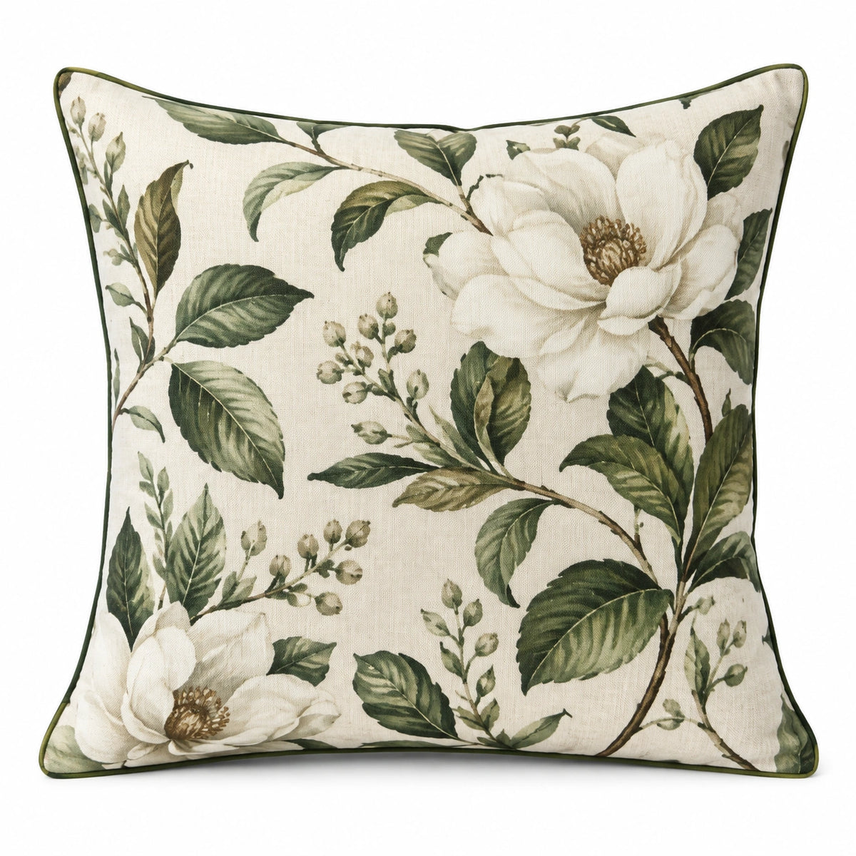 Cuscino decorativo quadrato 45 x 45 cm in tessuto beige e verde con stampa floreale stile botanico