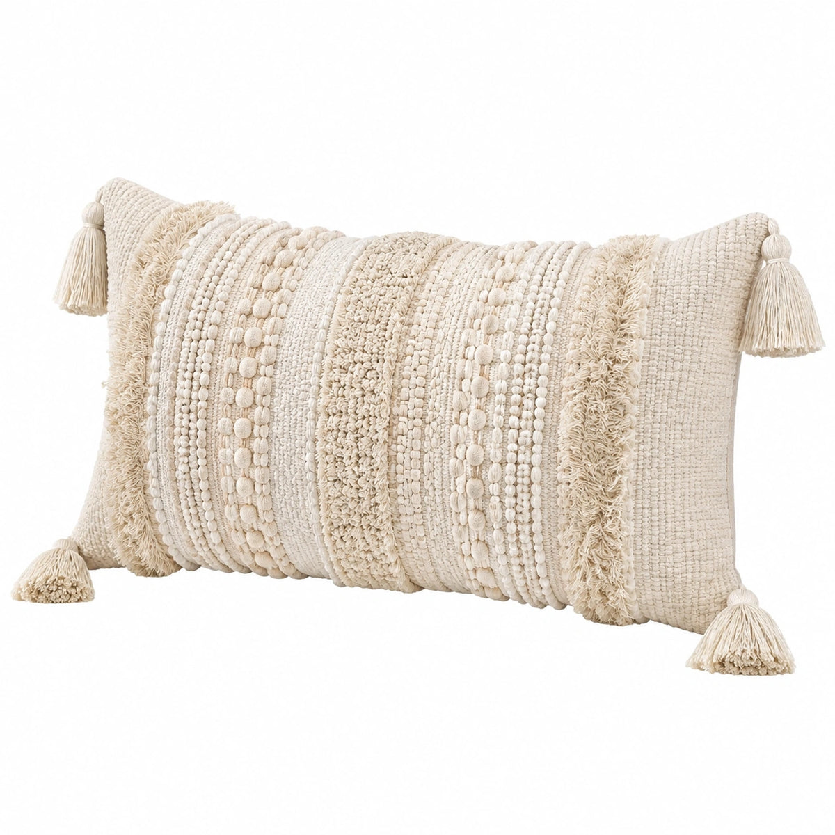 Cuscino decorativo rettangolare 50 x 30 cm in tessuto beige stile boho con nappe