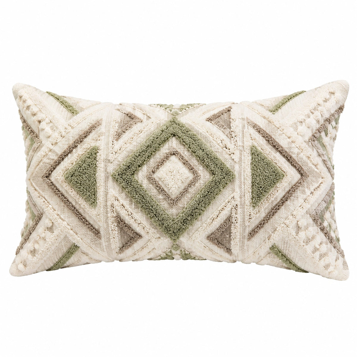 Cuscino decorativo rettangolare 50 x 30 cm in tessuto crema verde salvia con motivo geometrico a rilievo