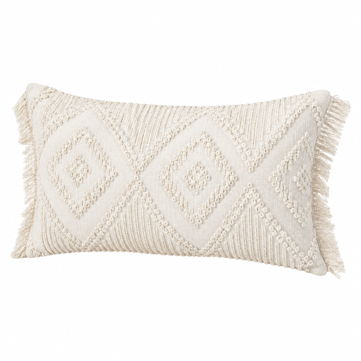 Cuscino decorativo rettangolare 50 x 30 cm in tessuto avorio con frange stile boho