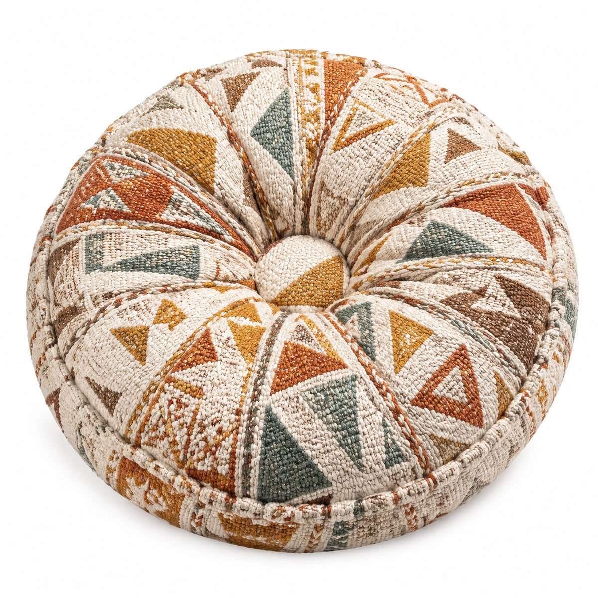 Cuscino rotondo da pavimento diametro 70 cm in tessuto panna terracotta ocra e verde stile boho