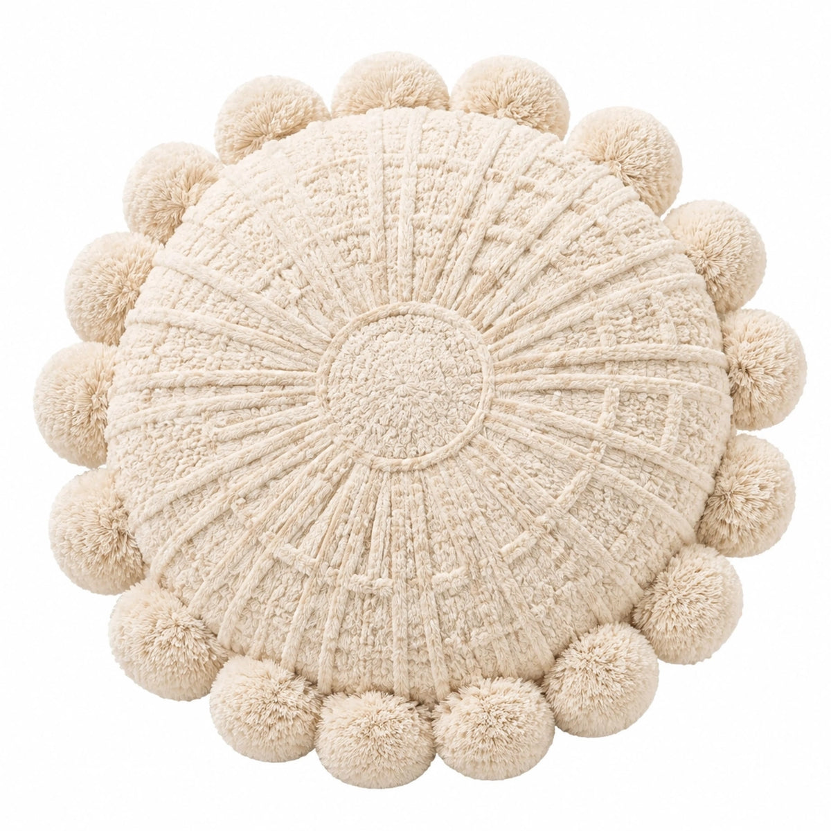 Cuscino decorativo rotondo 45 cm in cotone beige con pompon stile boho